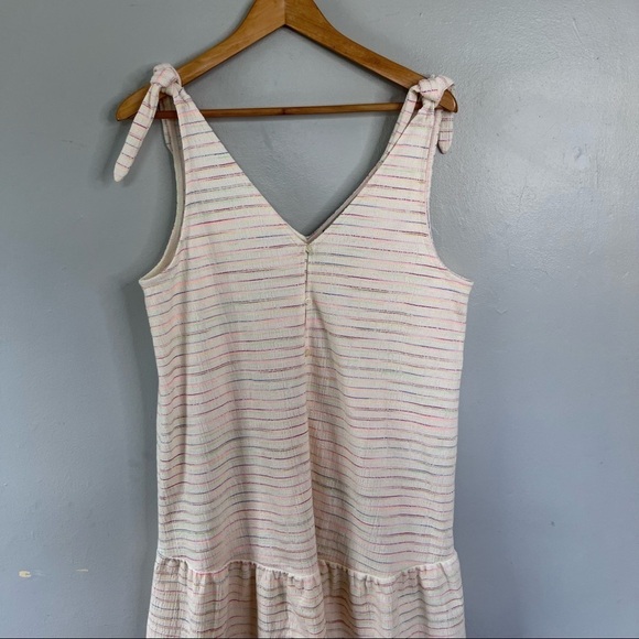 LOFT Bow Strap Button Front Linen Stripes Flounce Dress Ivory Multi-Color Medium - Picture 5 of 14